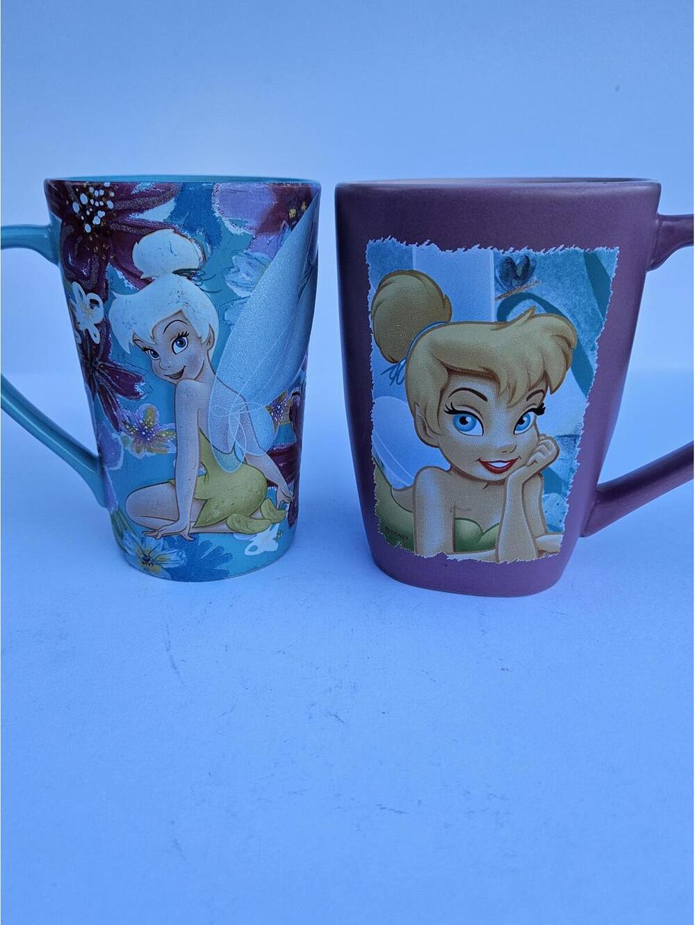 Disney Store Tinker Bell Mugs – Pink & Teal Vintage Charm with Minor Wear